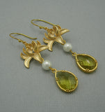 Lime Teardrop Matte Gold Flower Earrings.