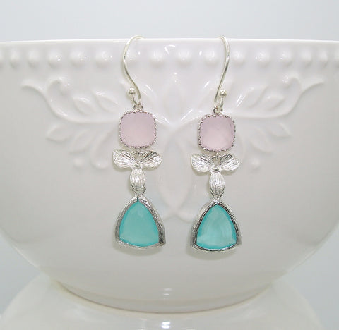 Mint Framed Glass Silver Plated Orchid Earrings.