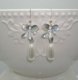 Vintage Pearl Orchid Flower Dangle Earrings.