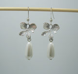 Vintage Pearl Orchid Flower Dangle Earrings.