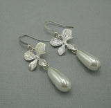 Vintage Pearl Orchid Flower Dangle Earrings.