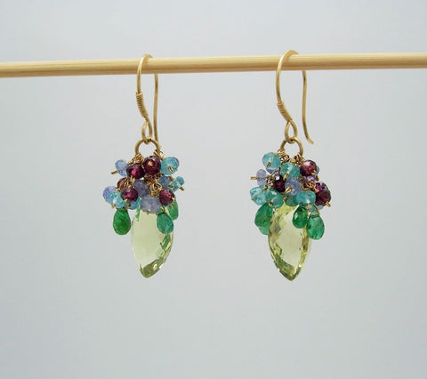 Beautiful handcrafted earrings-lemon quartz, tanzanite, garnet, emerald, 14K gold filled wire