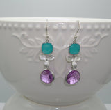 Framed Glass Amethyst Teardrop Silver Plated Orchid Earrings.