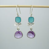 Framed Glass Amethyst Teardrop Silver Plated Orchid Earrings.