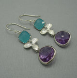 Framed Glass Amethyst Teardrop Silver Plated Orchid Earrings.