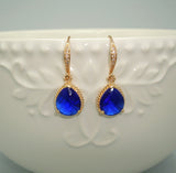 Cobalt Drop Earrings Gold on Pave' Diamond French Earwire