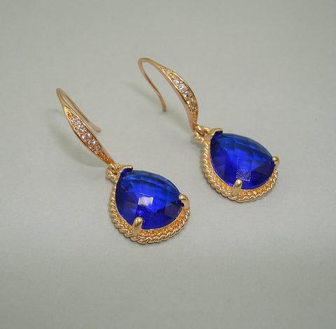 Cobalt Drop Earrings Gold on Pave' Diamond French Earwire