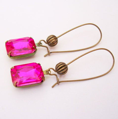 Vintage Fuchsia Faceted Crystal in Antiqued Brass Prong Setting Earrings