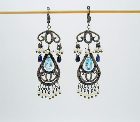Oxidized Silver Earrings-blue topaz,blue sapphire, pearls