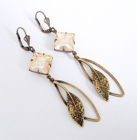 Vintage Golden Peach  Crystal and Antiqued Brass Leaf Earrings.