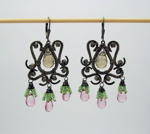 Beautiful handcrafted earrings-smoky quartz, pink topaz ,tsavorite,  sterling silver wire.
