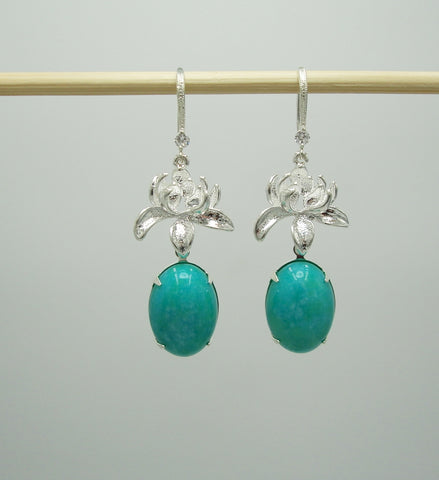 Earrings Amazonite  and Lotus Flowers with Cubic Zirconia on Earhook Dangle Earrings.