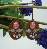 Ox Silver Cherry and Rose Opal on Ox Copper Oval Dangle Earrings.