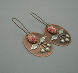 Ox Silver Cherry and Rose Opal on Ox Copper Oval Dangle Earrings.