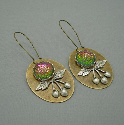 Ox Silver Cherry and Snakeskin Mosaic Cabochon on Ox Copper Oval Dangle Earrings.