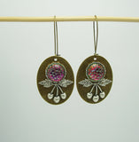 Ox Silver Cherry and Snakeskin Mosaic Cabochon on Ox Copper Oval Dangle Earrings.