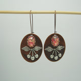 Ox Silver Cherry and Rose Opal on Ox Copper Oval Dangle Earrings.