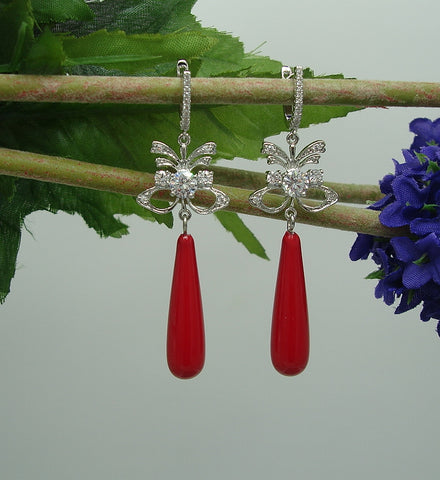 Earrings Red Shell Pear Teardrop with Cubic Zirconia  Dangle Earrings.