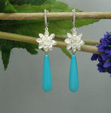 Earrings Turquoise Shell Pear Teardrop with Silver Flowers and Cubic Zirconia  Dangle Earrings.