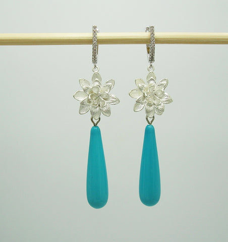 Earrings Turquoise Shell Pear Teardrop with Silver Flowers and Cubic Zirconia  Dangle Earrings.