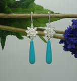 Turquoise Shell Pearl Teardrop with Silver Flowers and Cubic Zirconia  Dangle Earrings.