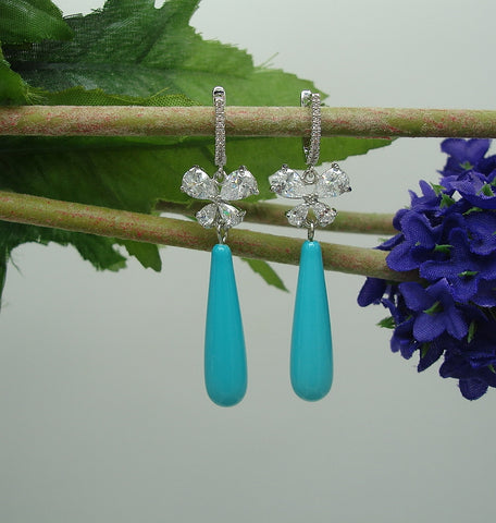 Earrings Turquoise Shell Pear Teardrop with Cubic Zirconia  Dangle Earrings.