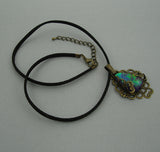 Fire Opal Lucite Teardrop Cabochon Filigree Wrapped Suede Cord Necklace.