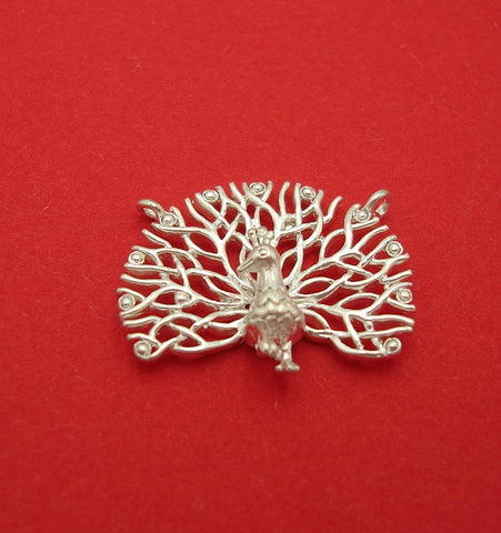 Peacock Open Feathers Bird Pendant Connector Matte Silver over Brass Jewelry Making Supply