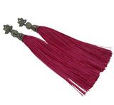 silk-hot-pink-thread-tassels-flower-cubic-zirconia-ear-stud-dangle-handmade-earrings
