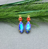 2pcs -Vitrail Navette Shaped Stone and Round Fuchsia Rhinestone Brass Prong Settings.