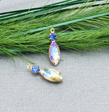 2pcs -Vitrail Navette Shaped Stone and Round Fuchsia Rhinestone Brass Prong Settings.