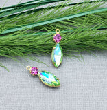 2pcs -Vitrail Navette Shaped Stone and Round Fuchsia Rhinestone Brass Prong Settings.