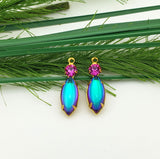 2pcs -Vitrail Navette Shaped Stone and Round Fuchsia Rhinestone Brass Prong Settings.
