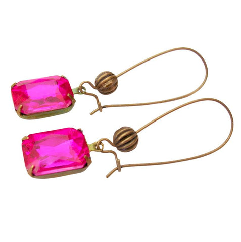 vintage-fuchsia-faceted-crystal-in-antiqued-brass-prong-setting- earrings